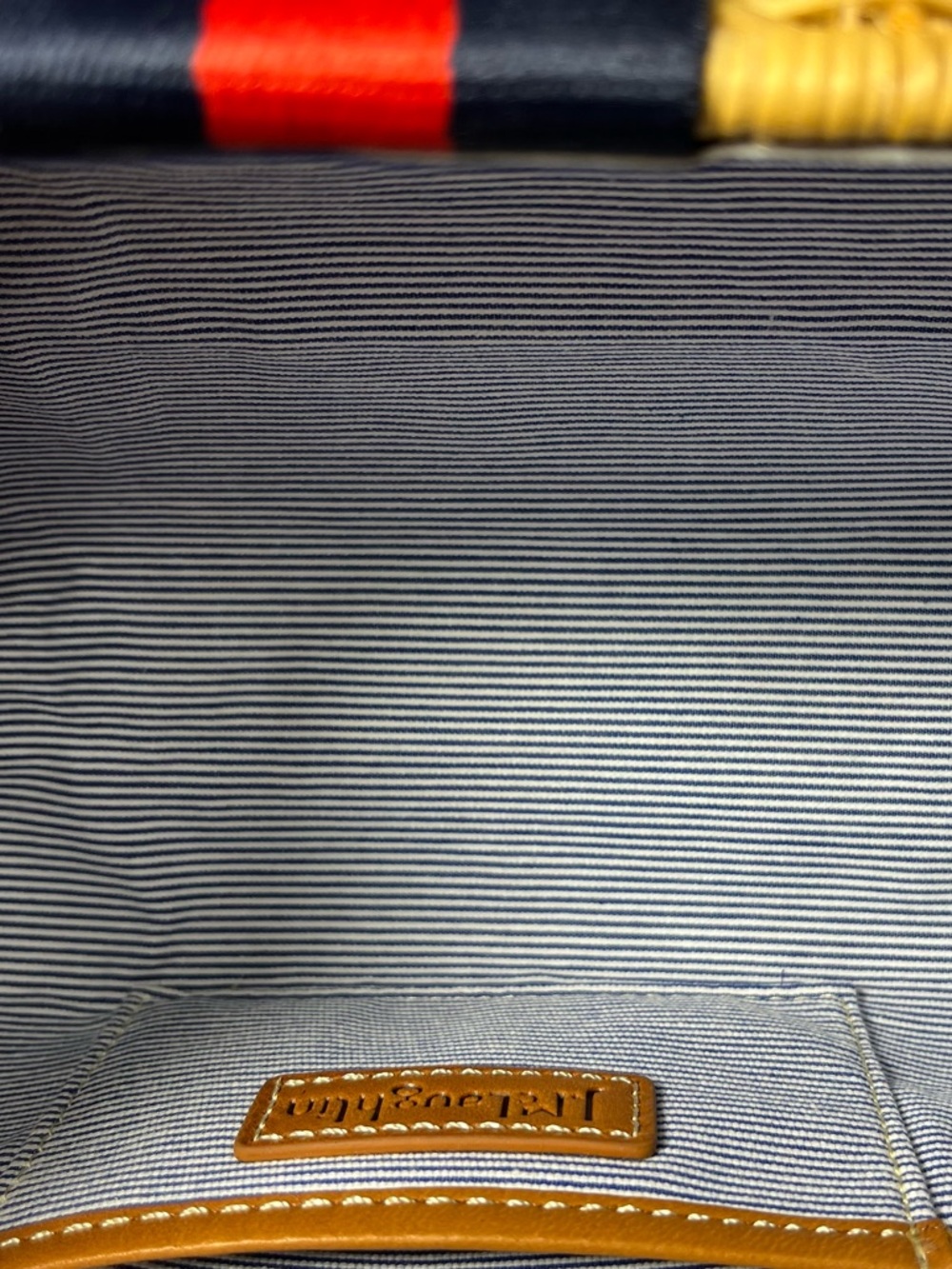NWOT J. McLaughlin Women’s Olivia Natural Navy Red Stripe Wicker Woven Clutch - Picture 10 of 11
